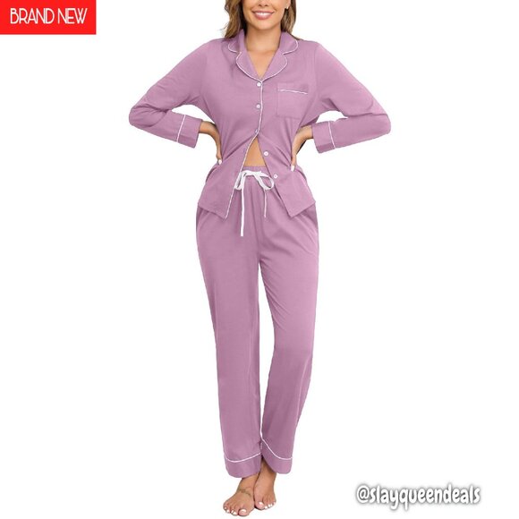 100% Cotton Pajama Set with Pockets Long Sleeve Button Down XS-XXL